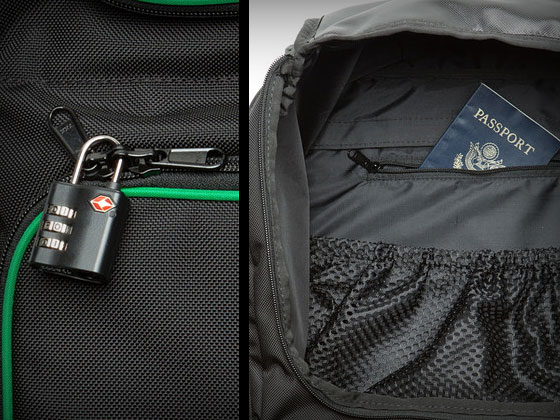 Lockable Zippers and Stash Pocket of the Tortuga Travel Backpack